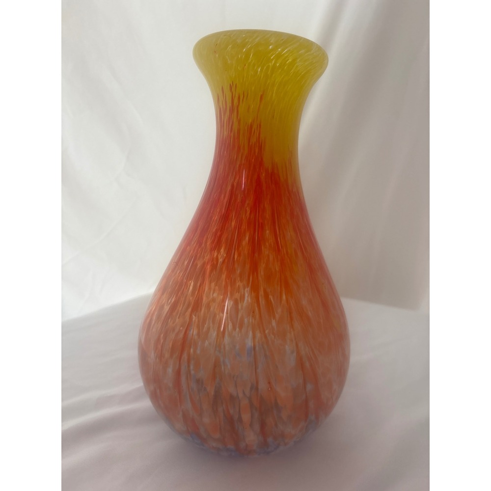Hand Blown Art Glass Vase Yellow Orange Blue Ombre Teardrop 10.5 Inch